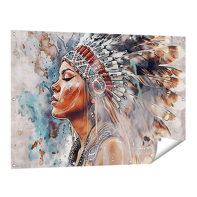 Tuinposter vooraanzicht Indiase Vrouw Draagt ​​Een Gevederde Hoofdtooi