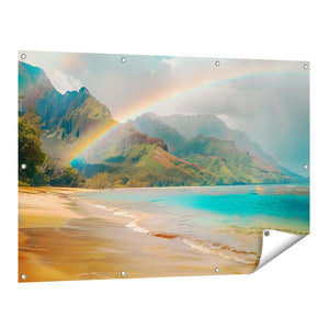Tuinposter vooraanzicht Regenboog boven een Strand in Hawaï