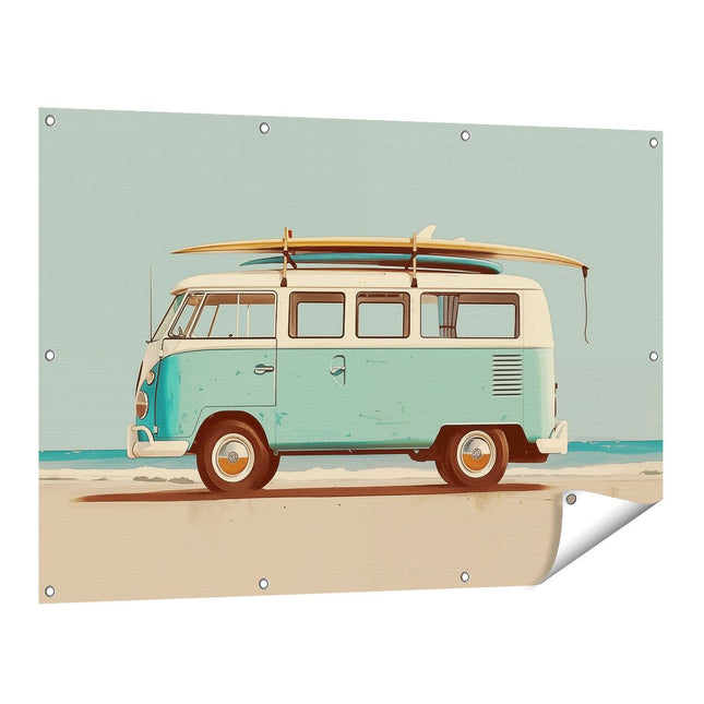 Tuinposter vooraanzicht Vw Bus met een Surfplank Erop