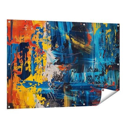 Tuinposter vooraanzicht Abstract Kunstwerk met Blauwe, Gele en Oranje Kleuren