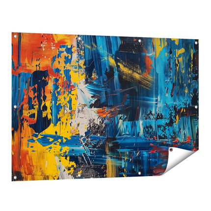 Tuinposter vooraanzicht Abstract Kunstwerk met Blauwe, Gele en Rode Kleuren