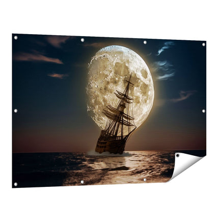Tuinposter vooraanzicht Schip in de Oceaan met een Volle Maan