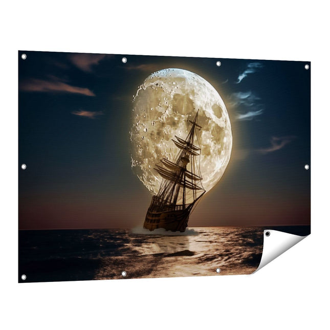 Tuinposter vooraanzicht Schip in de Oceaan met een Volle Maan