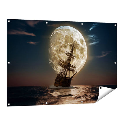 Tuinposter vooraanzicht Schip in de Oceaan met een Volle Maan