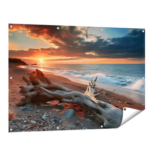 Tuinposter vooraanzicht Drijfhout op een Strand bij Zonsondergang