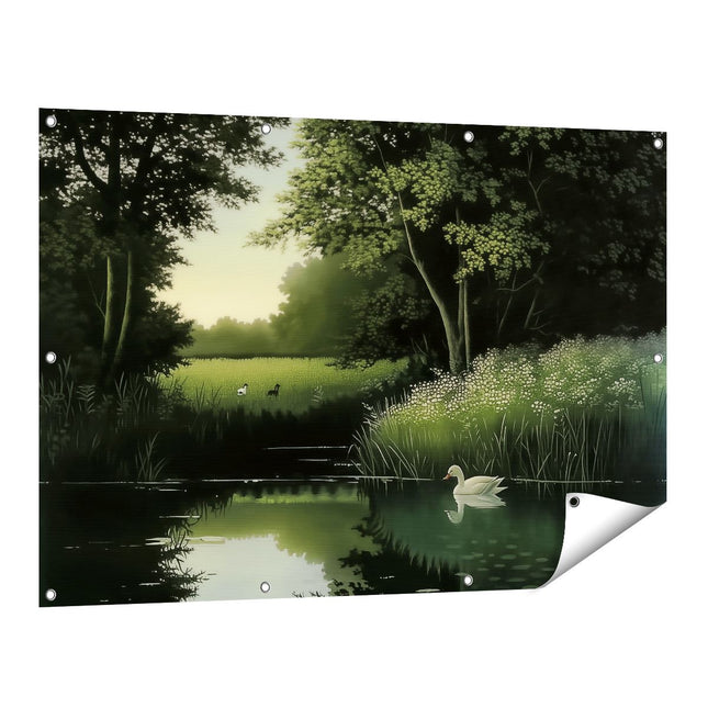 Tuinposter vooraanzicht Twee Zwanen in een Vijver