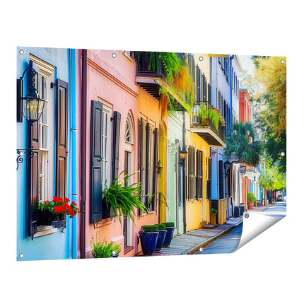 Tuinposter vooraanzicht Kleurrijke Huizen in een Straat in Charleston, Zuid-Carolina