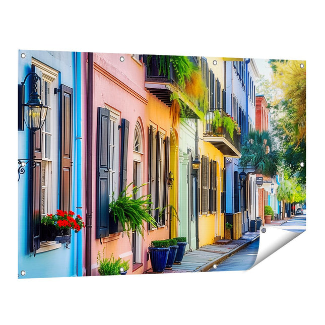Tuinposter vooraanzicht Kleurrijke Huizen in een Straat in Charleston, Zuid-Carolina