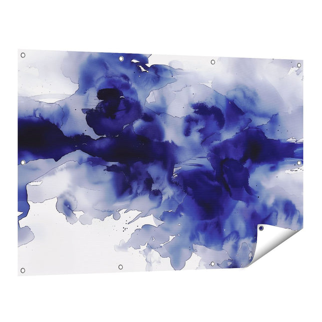 Tuinposter vooraanzicht Blauwe Inktspatten op een Witte Achtergrond