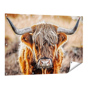 Tuinposter vooraanzicht Schotse Hooglandkoe met Lange Hoorns
