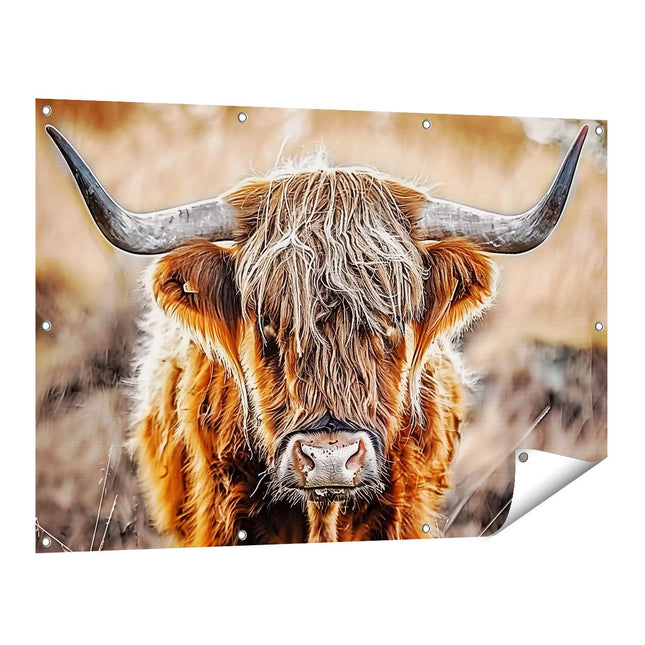 Tuinposter vooraanzicht Schotse Hooglandkoe met Lange Hoorns