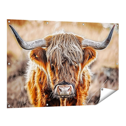 Tuinposter vooraanzicht Schotse Hooglandkoe met Lange Hoorns
