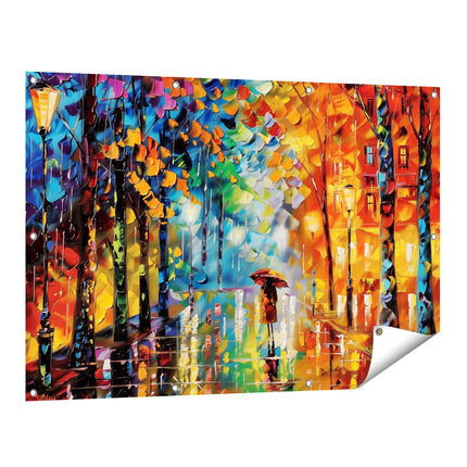 Tuinposter vooraanzicht Kunstwerk van een Vrouw die door een Straat loopt in de Regen