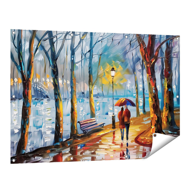 Tuinposter vooraanzicht Vrouw die in de Regen loopt met een Paraplu