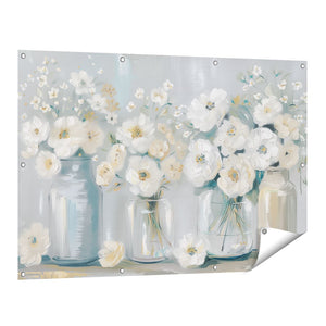 Tuinposter vooraanzicht Witte Bloemen in Stenen Potten