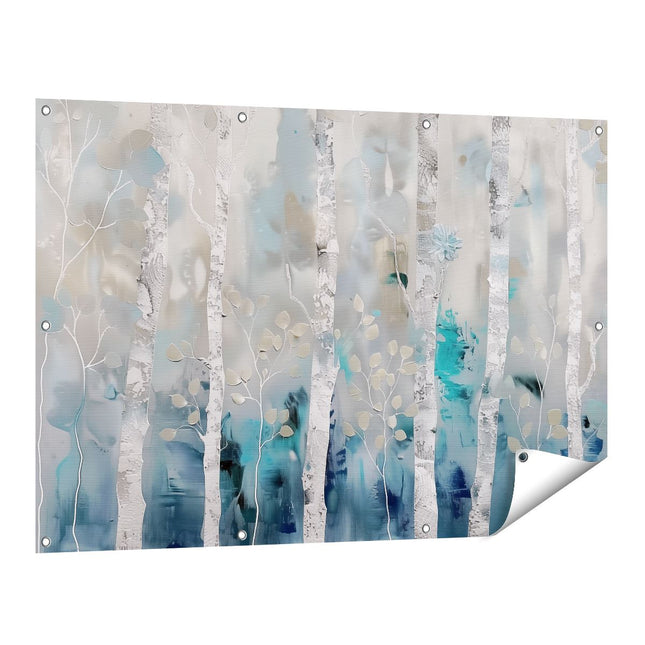 Tuinposter vooraanzicht Kunstwerk van Berkenbomen in Blauw en Wit