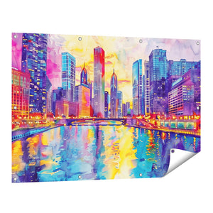 Tuinposter vooraanzicht Kunstwerk van de Chicago Rivier en Wolkenkrabbers