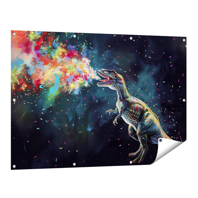 Tuinposter vooraanzicht T - Rex Blaast Kleurrijke Confetti