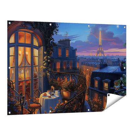 Tuinposter vooraanzicht Balkon met Uitzicht op de Eiffeltoren