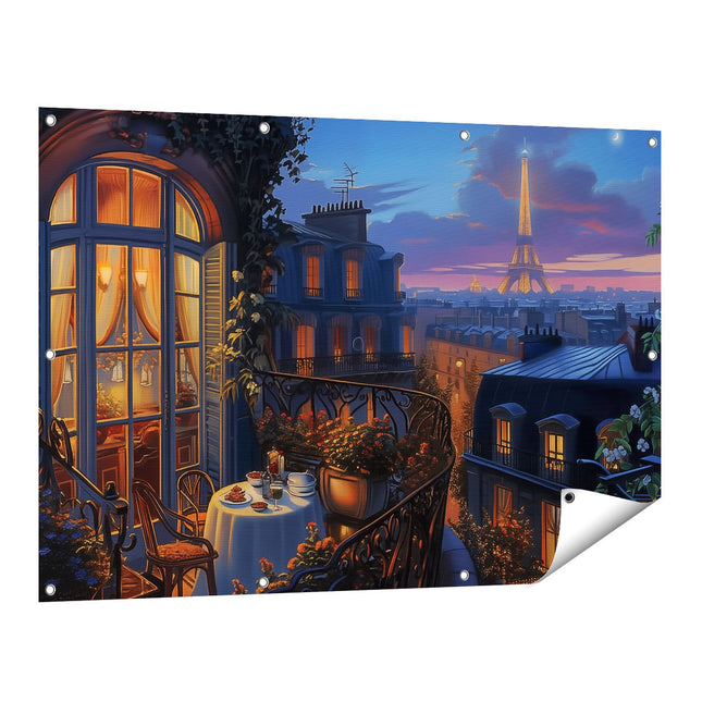 Tuinposter vooraanzicht Balkon met Uitzicht op de Eiffeltoren