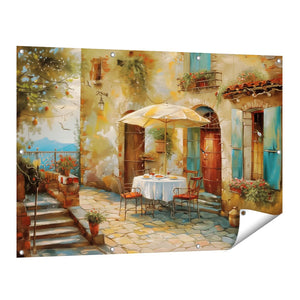 Tuinposter vooraanzicht Kunstwerk van een Tafel en Stoelen op een Binnenplaats