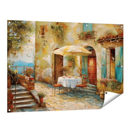 Tuinposter vooraanzicht Kunstwerk van een Tafel en Stoelen op een Binnenplaats