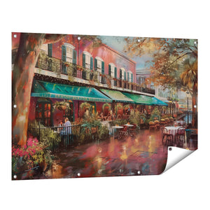 Tuinposter vooraanzicht Kunstwerk van een Restaurant in de Regen