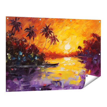 Tuinposter vooraanzicht Zonsondergang met Palmbomen en een Boot