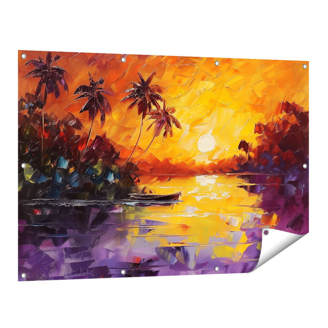 Tuinposter vooraanzicht Zonsondergang met Palmbomen en een Boot