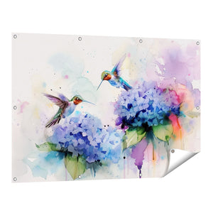 Tuinposter vooraanzicht Twee Kolibries op Paarse Bloemen