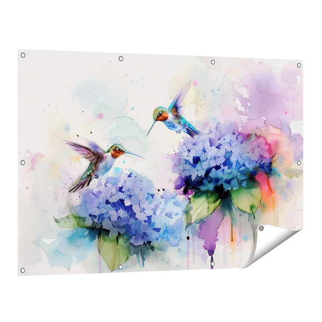 Tuinposter vooraanzicht Twee Kolibries op Paarse Bloemen