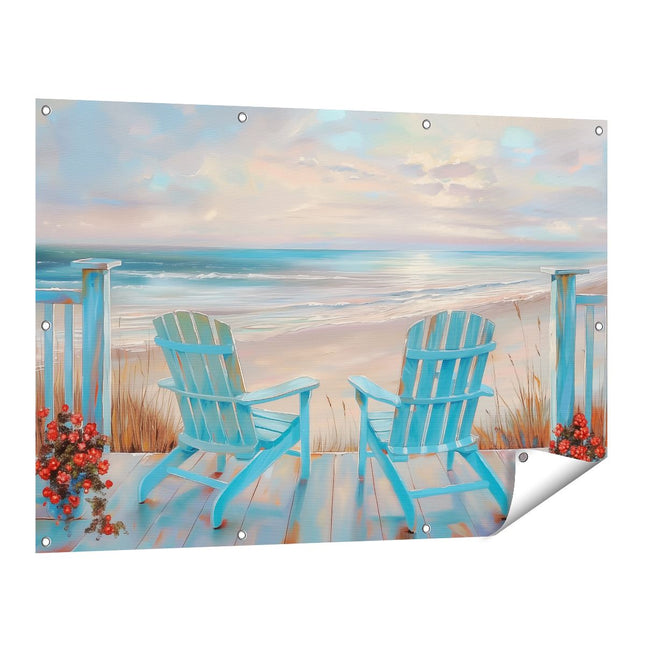 Tuinposter vooraanzicht Twee Adirondackstoelen op een Terras met Uitzicht op de Oceaan