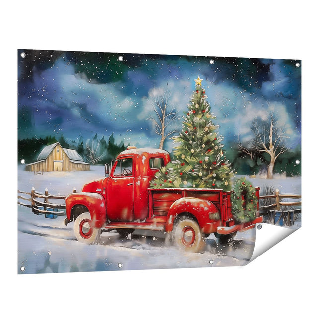Tuinposter vooraanzicht Rode Vrachtwagen met een Kerstboom