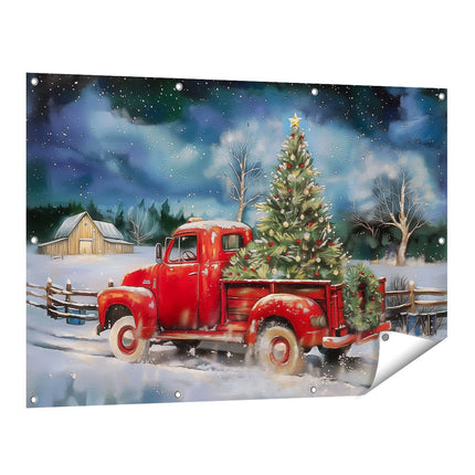 Tuinposter vooraanzicht Rode Vrachtwagen met een Kerstboom