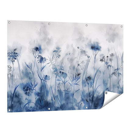 Tuinposter vooraanzicht Aquarelkunstwerk van een Veld met Blauwe Bloemen