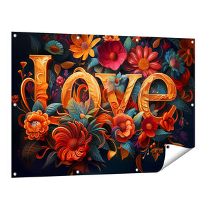 Tuinposter vooraanzicht Het Woord Liefde is Omgeven door Bloemen