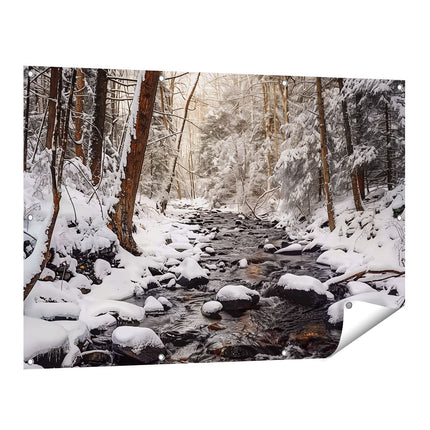 Tuinposter vooraanzicht Stroom in het Bos Bedekt met Sneeuw