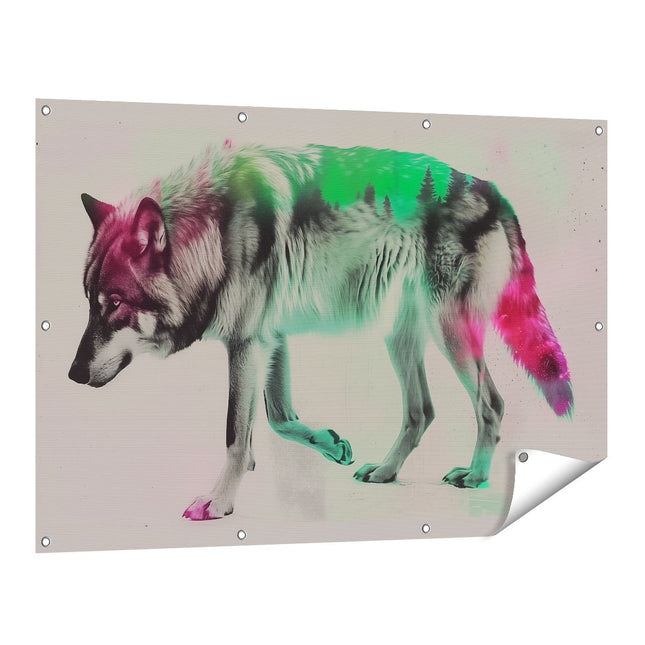 Tuinposter vooraanzicht Wolf loopt voor een Kleurrijke Achtergrond