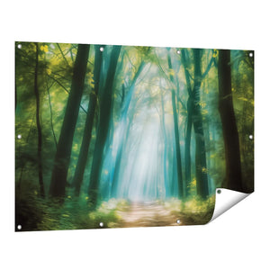 Tuinposter vooraanzicht Pad door een Bos met Zonlicht dat door de Bomen Schijnt