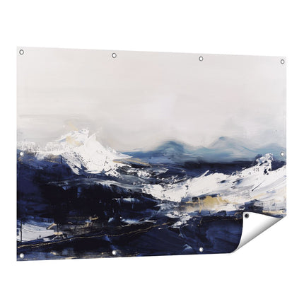 Tuinposter vooraanzicht Abstract Kunstwerk van Bergen in Blauw en Wit
