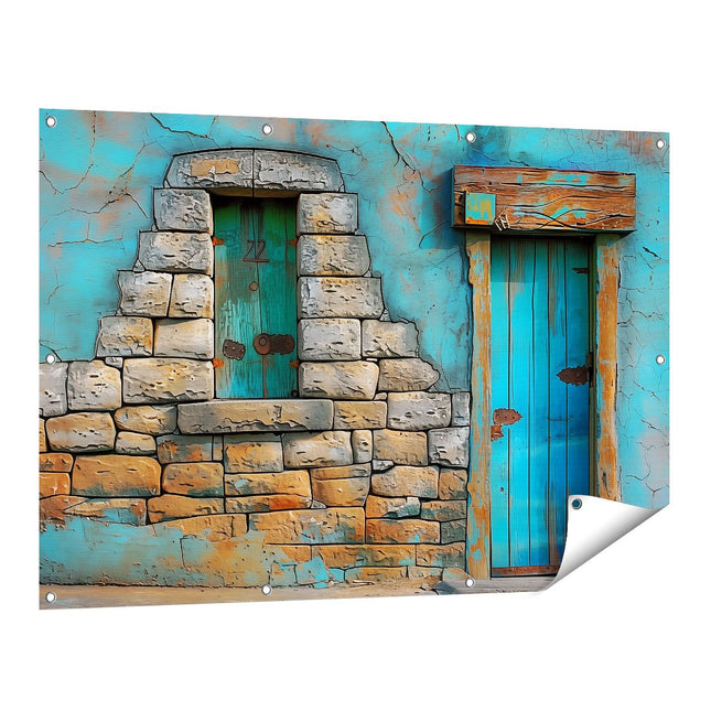 Tuinposter vooraanzicht Blauwe Deur en een Stenen Muur