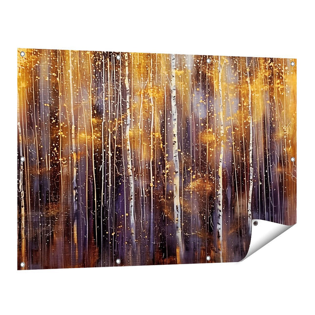 Tuinposter vooraanzicht Kunstwerk van Berkenbomen in een Bos