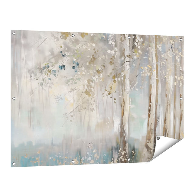 Tuinposter vooraanzicht Kunstwerk van Berkenbomen in een Bos