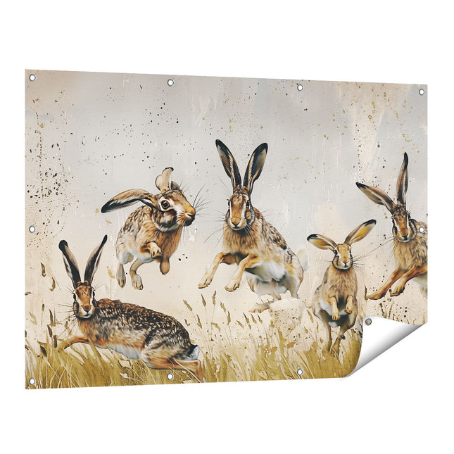 Tuinposter vooraanzicht Hazen Springen in het Gras