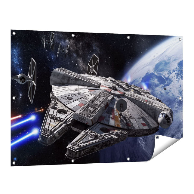 Tuinposter vooraanzicht Afbeelding van een Star Wars Millenniumvalk die over de Aarde Vliegt
