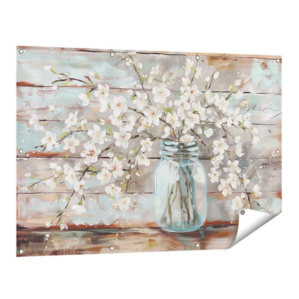 Tuinposter vooraanzicht Witte Bloemen in een Glazen Pot
