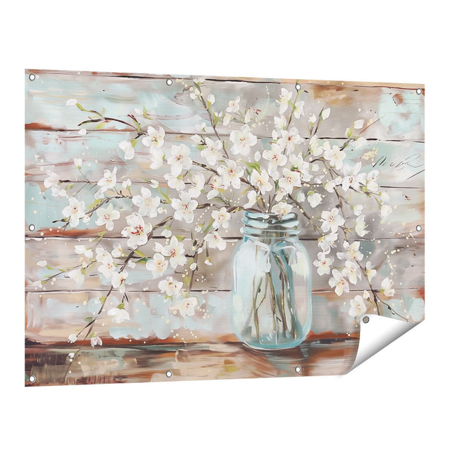 Tuinposter vooraanzicht Witte Bloemen in een Glazen Pot