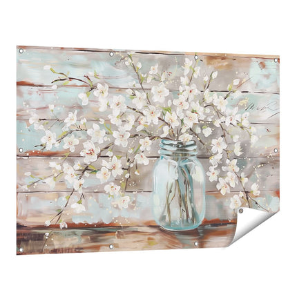 Tuinposter vooraanzicht Witte Bloemen in een Glazen Pot