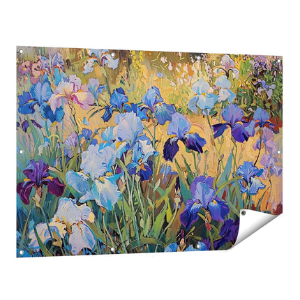 Tuinposter vooraanzicht Blauwe Irissen in een Veld