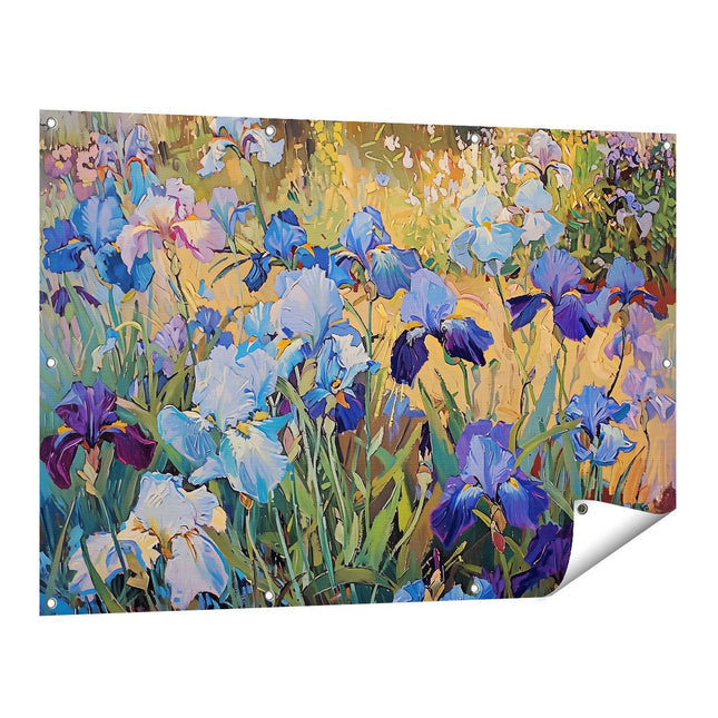 Tuinposter vooraanzicht Blauwe Irissen in een Veld